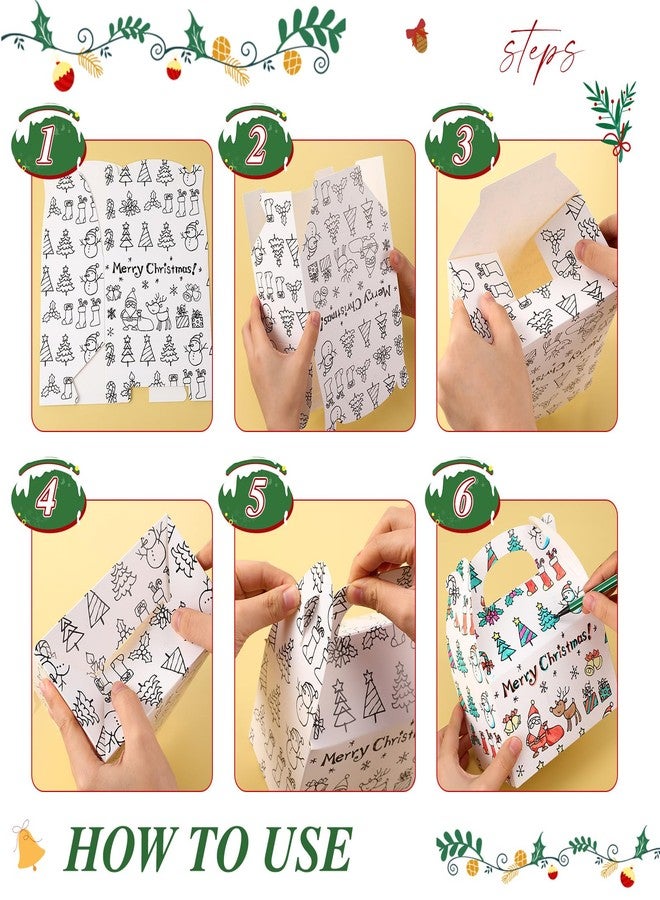 Watersay 24 Pcs Coloring Christmas Treat Boxes Xmas Color Your Own Cardboard Gable Box DIY Goodie Candy Gift Christmas Party Favors with Handles for Xmas Draw Doodle Craft Supplies - Image 3